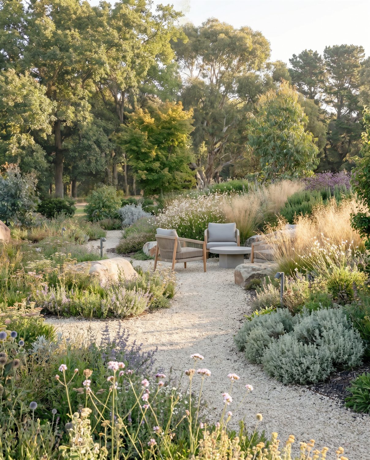 Naturalistic garden with gravel path, soft planting and outdoor seating