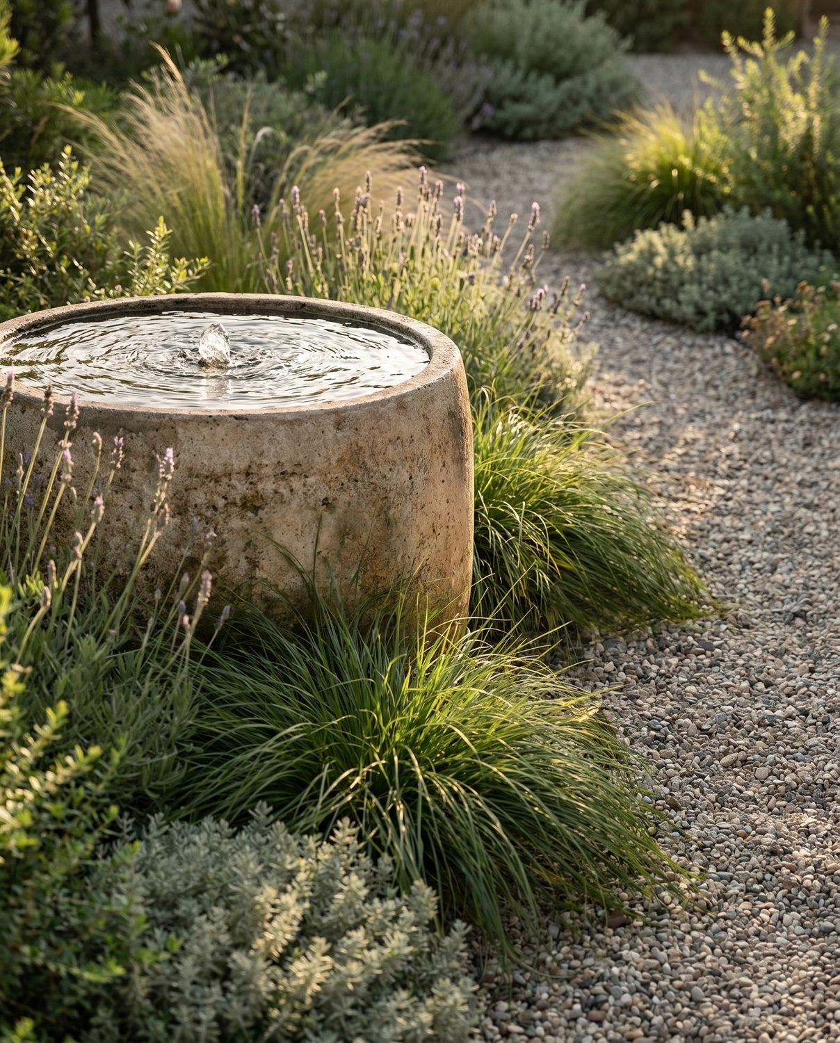 Planting detail — stone water bowl with grasses and lavender