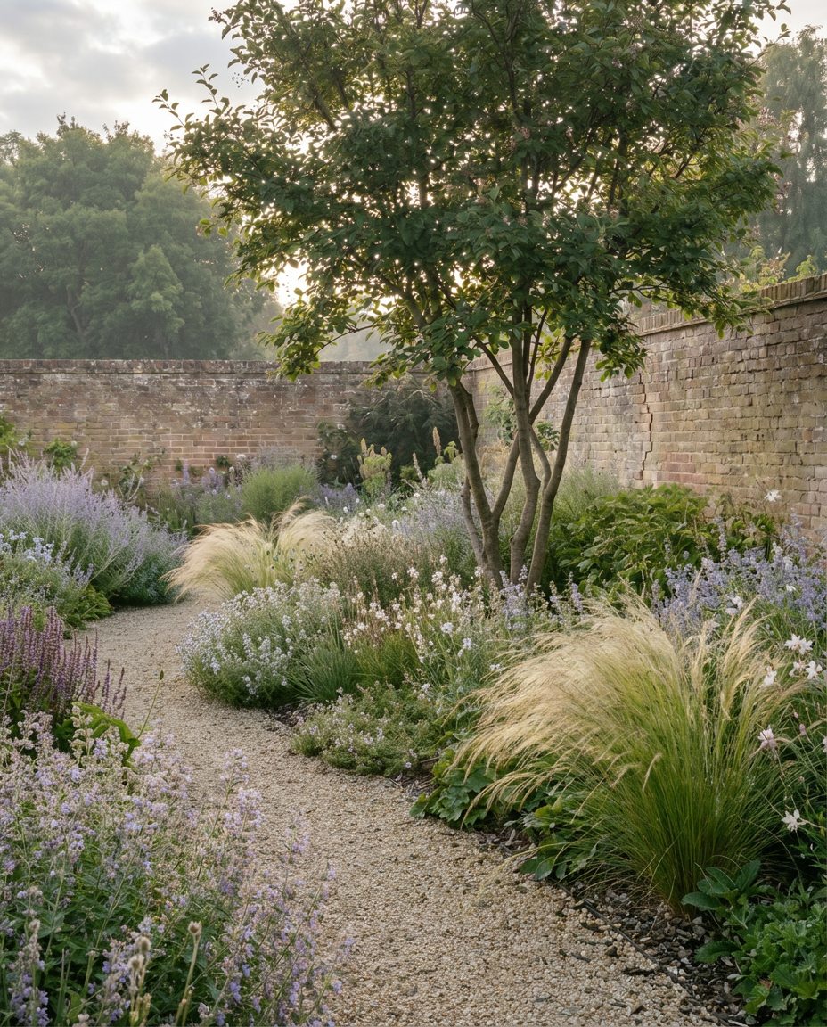Walled garden with gravel path, ornamental grasses and naturalistic planting